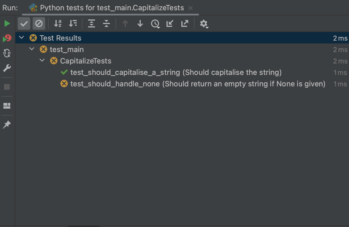 A screenshot of PyCharm showing the test names in the test summary